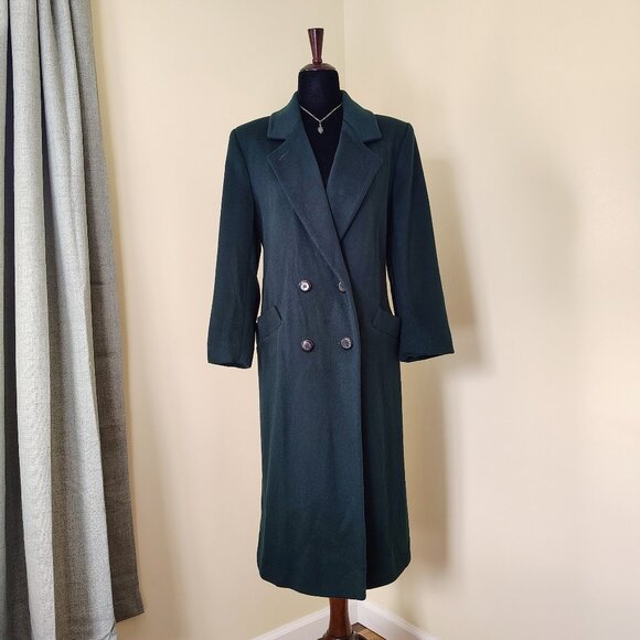 Vintage 90s Dark Forest Green KRISTEN BLAKE Wool Double Breasted Long Overcoat - Picture 1 of 6